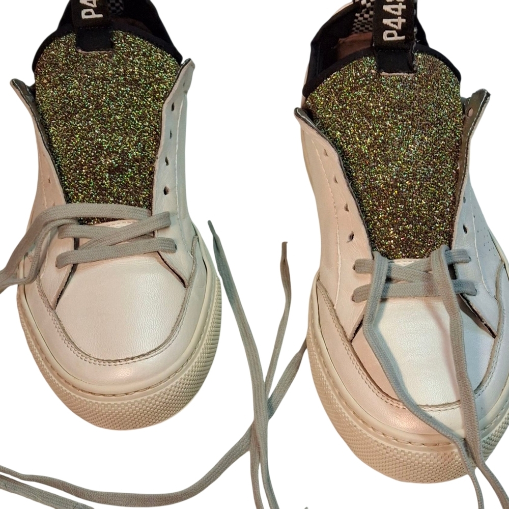 P448 You Can Surf Later White Leather Gold Glitter Tongue Sneakers Women Size 9 - Picture 13 of 16